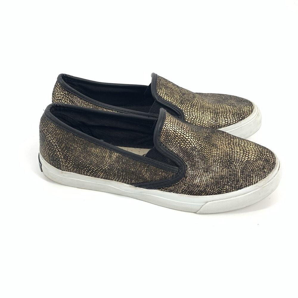 Sperry Top Sider Snakeskin Print Slip On Canvas Loafers Size 6 Womens Black Gold